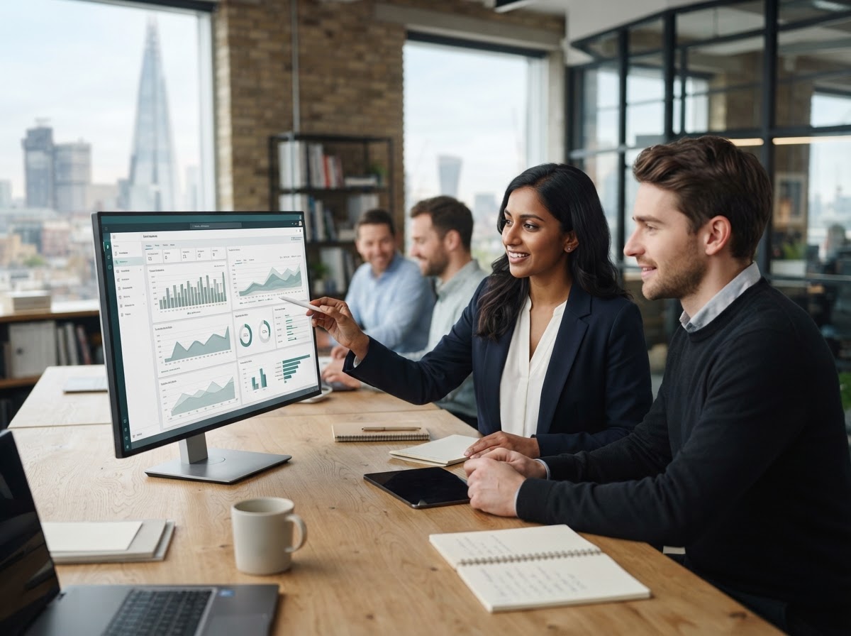 Sommet Fondencia analyst reviewing predictive portfolio models on screen